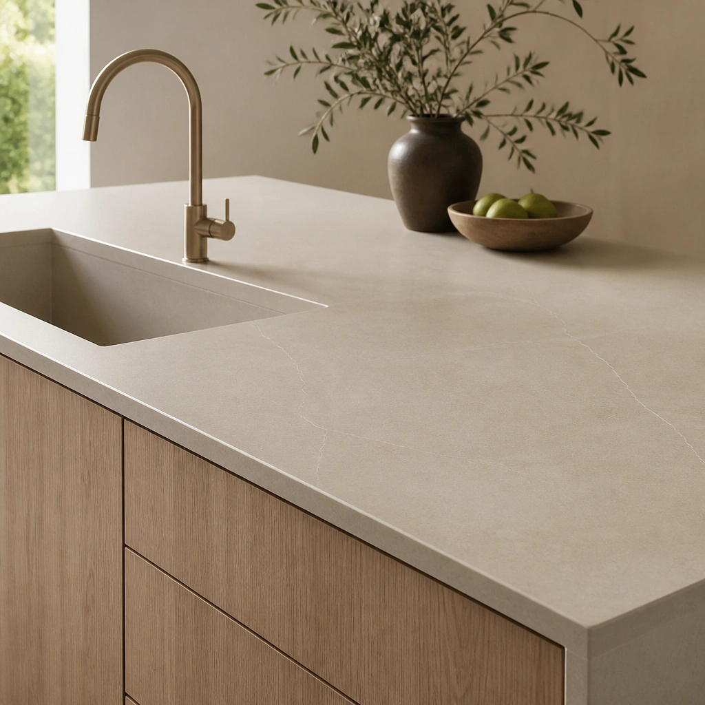 A beige porcelain countertop with a clean, uniform look and faint stone veining; the surface appears smooth with a satin sheen; undermount sink and light wood cabinet fronts.