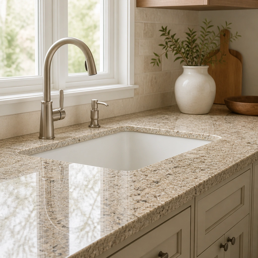 A sand-beige granite countertop with scattered darker and lighter flecks; the pattern breaks up reflections; backsplash is a warm cream tone; faucet is brushed nickel.