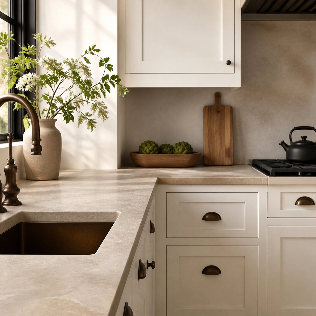 A beige, soapstone-inspired countertop with a naturally mottled surface and a soft, velvety texture; subtle darkening around edges; dark bronze hardware and warm white cabinets.