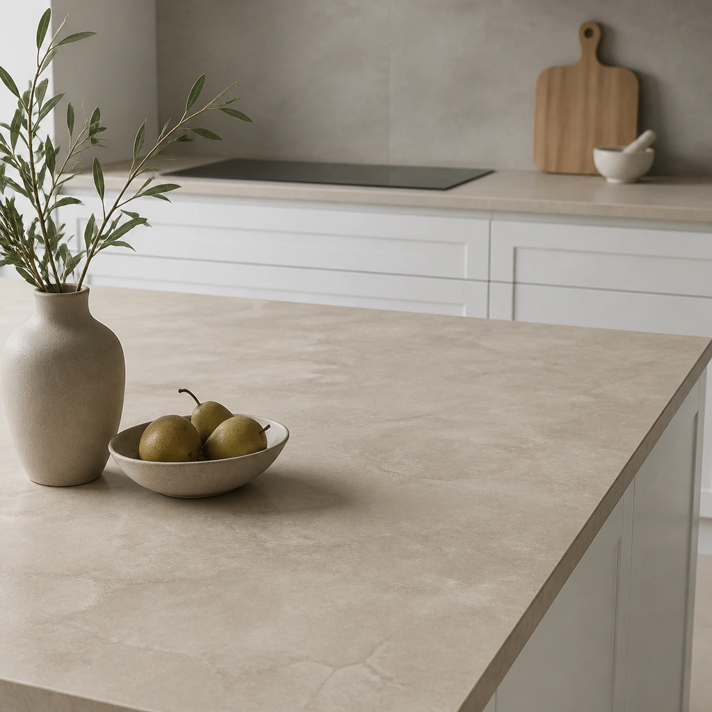 A honed beige quartzite countertop with creamy base color and cloudy, limestone-like movement; low sheen and soft texture; simple white cabinets and a light gray backsplash.