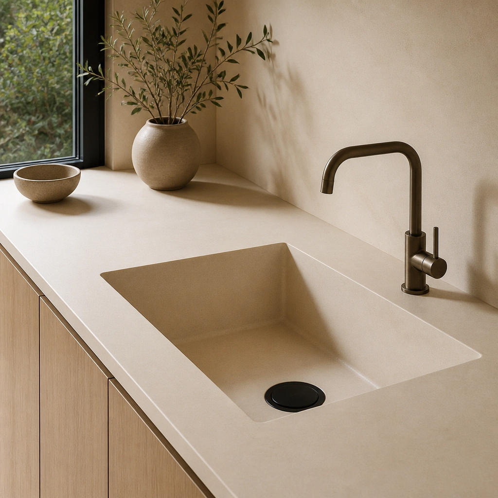 A seamless beige solid-surface countertop with integrated sink; gentle uniform color with minimal pattern; the surface looks smooth and slightly satin.
