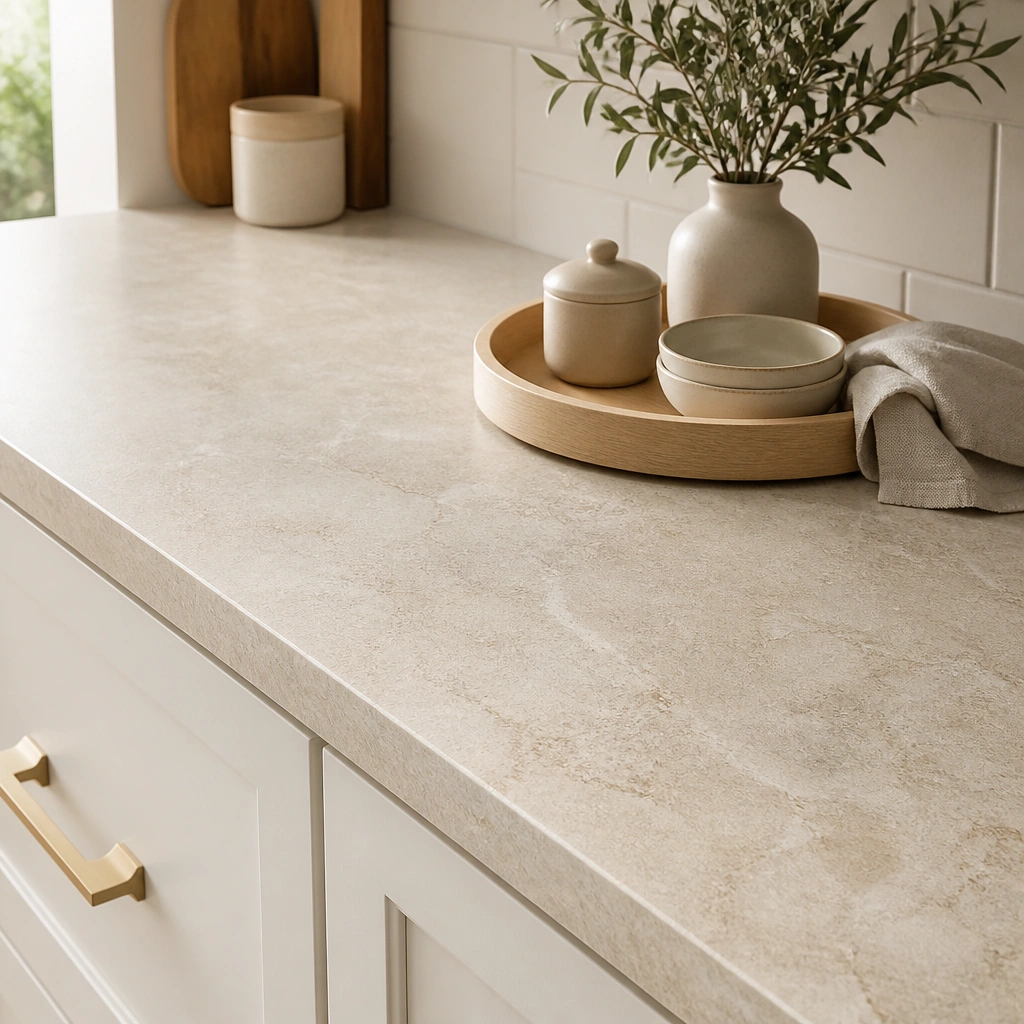 A beige laminate countertop with a printed stone pattern and subtle veining; matte surface; cabinetry in warm white; a small tray on the counter for styling.