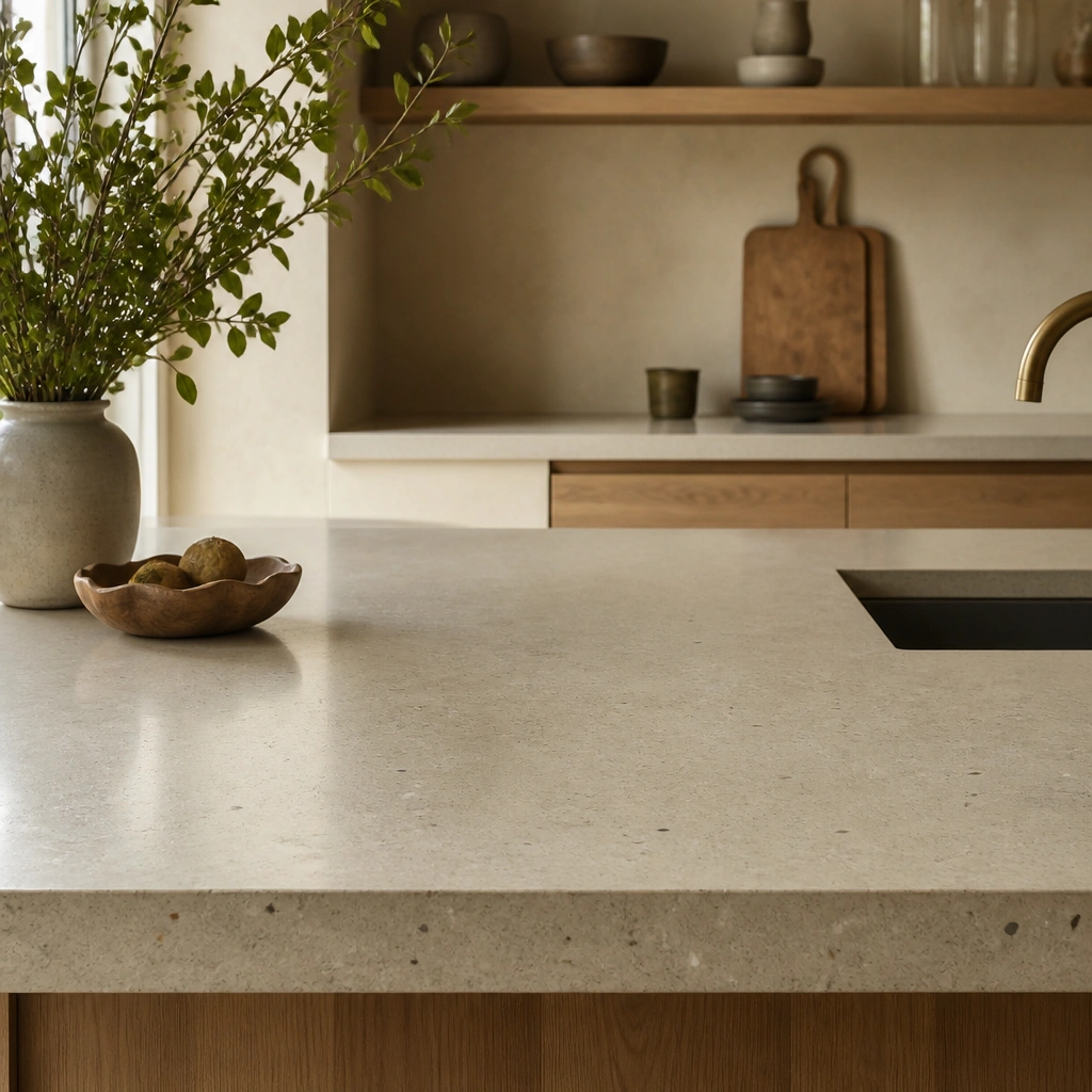 A beige concrete countertop with a smooth trowel finish and subtle aggregate flecks; the surface is sealed and looks satin rather than chalky; kitchen has warm wood accents.