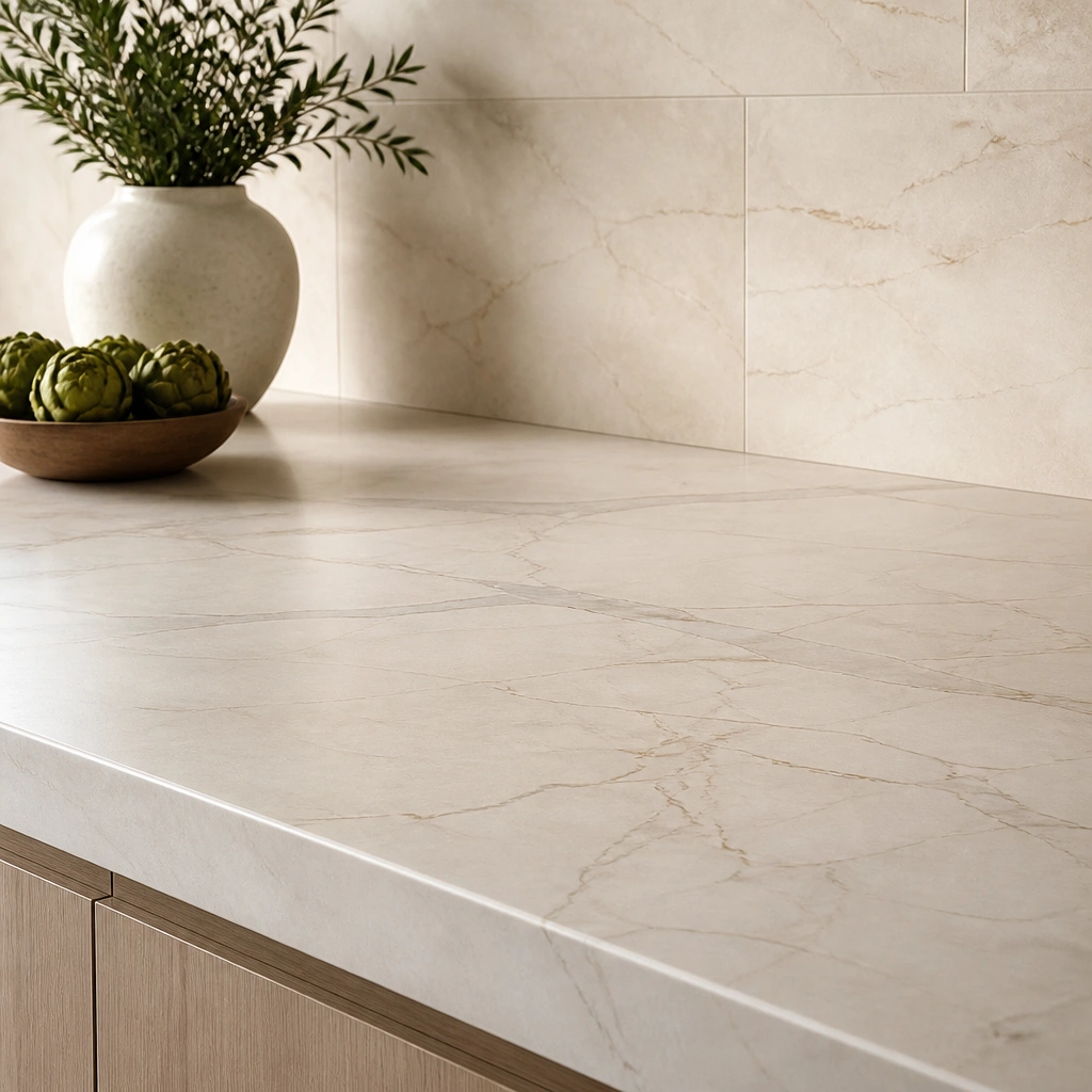 A beige marble-style porcelain countertop with creamy base and thin gray-beige veins; surface has a satin sheen; backsplash is matching soft stone tile.
