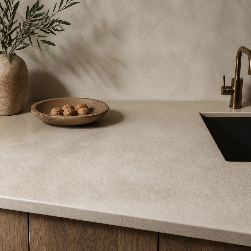 A beige microcement countertop with a continuous, textured-smooth surface; subtle speckling and a soft matte finish; minimal backsplash with warm neutral tones.