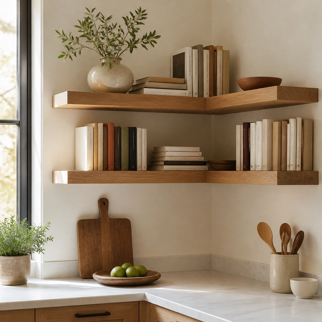 A bright kitchen corner with two floating L-shaped shelves mounted into the corner, warm natural wood tone, books arranged vertically and horizontally, and a small ceramic vase on the top shelf.