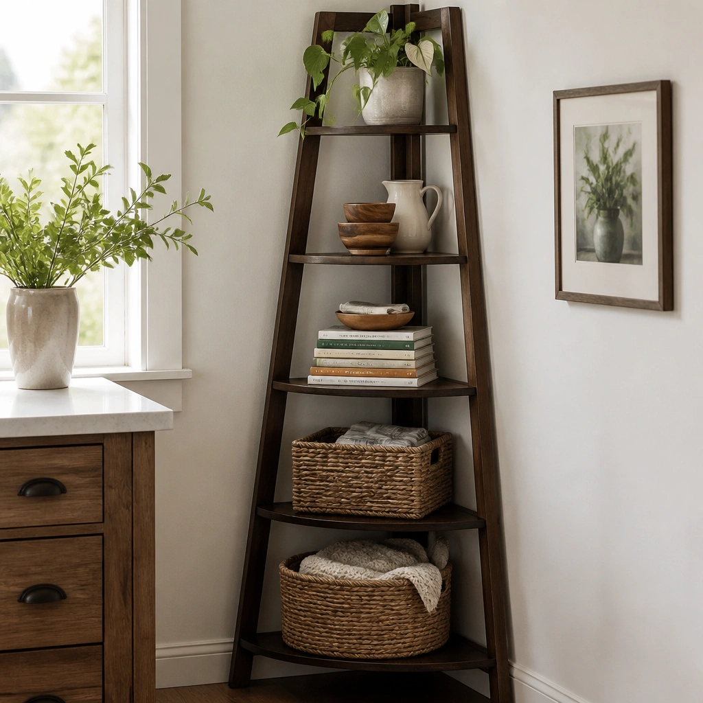 A corner ladder-style bookshelf with open shelves, woven baskets on the lower rungs, and neatly stacked cookbooks on the middle rung.