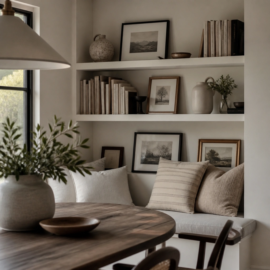 A cozy dining nook corner where a bench-like built-in has integrated shelves above, painted soft matte off-white, with framed prints leaning against the back and books lined like a gallery.