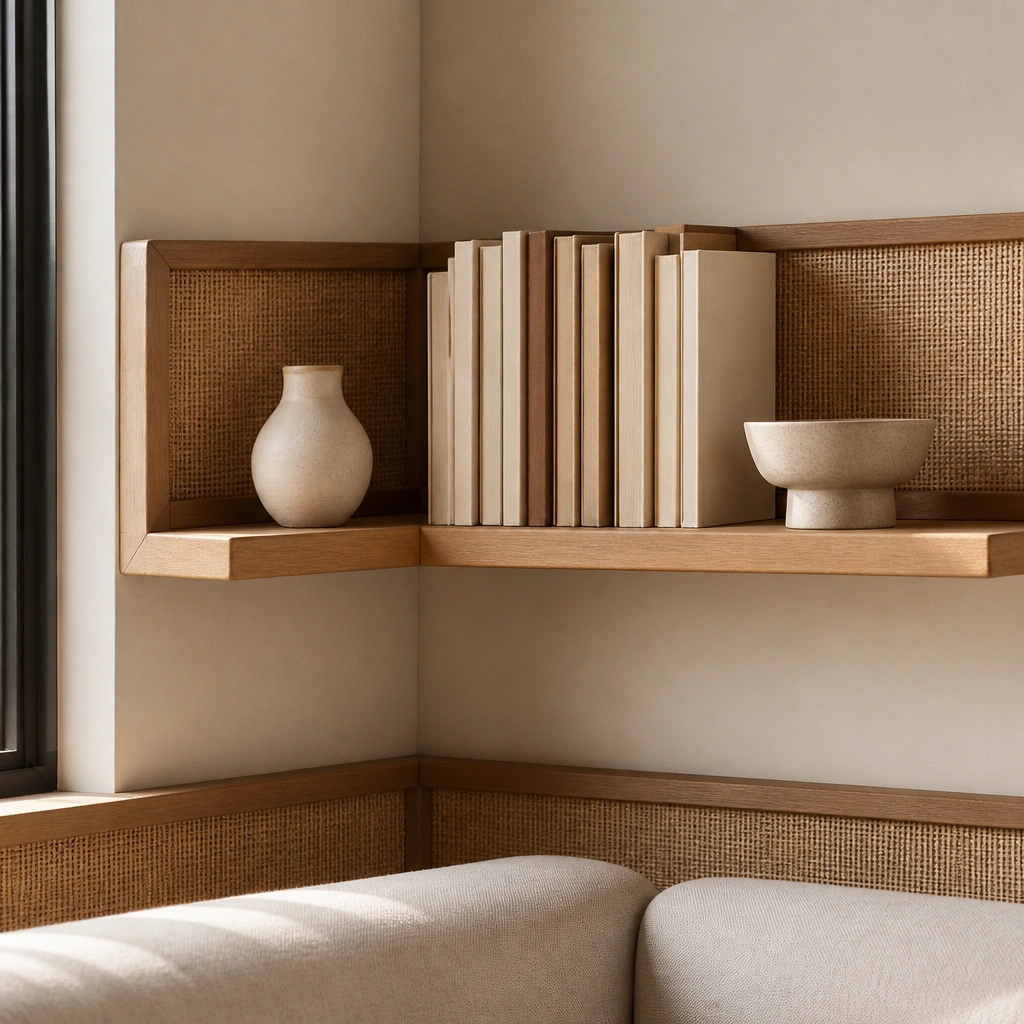 A corner book ledge with a rattan or woven back panel behind books, neutral beige and tan tones, and two small ceramic pieces spaced evenly.
