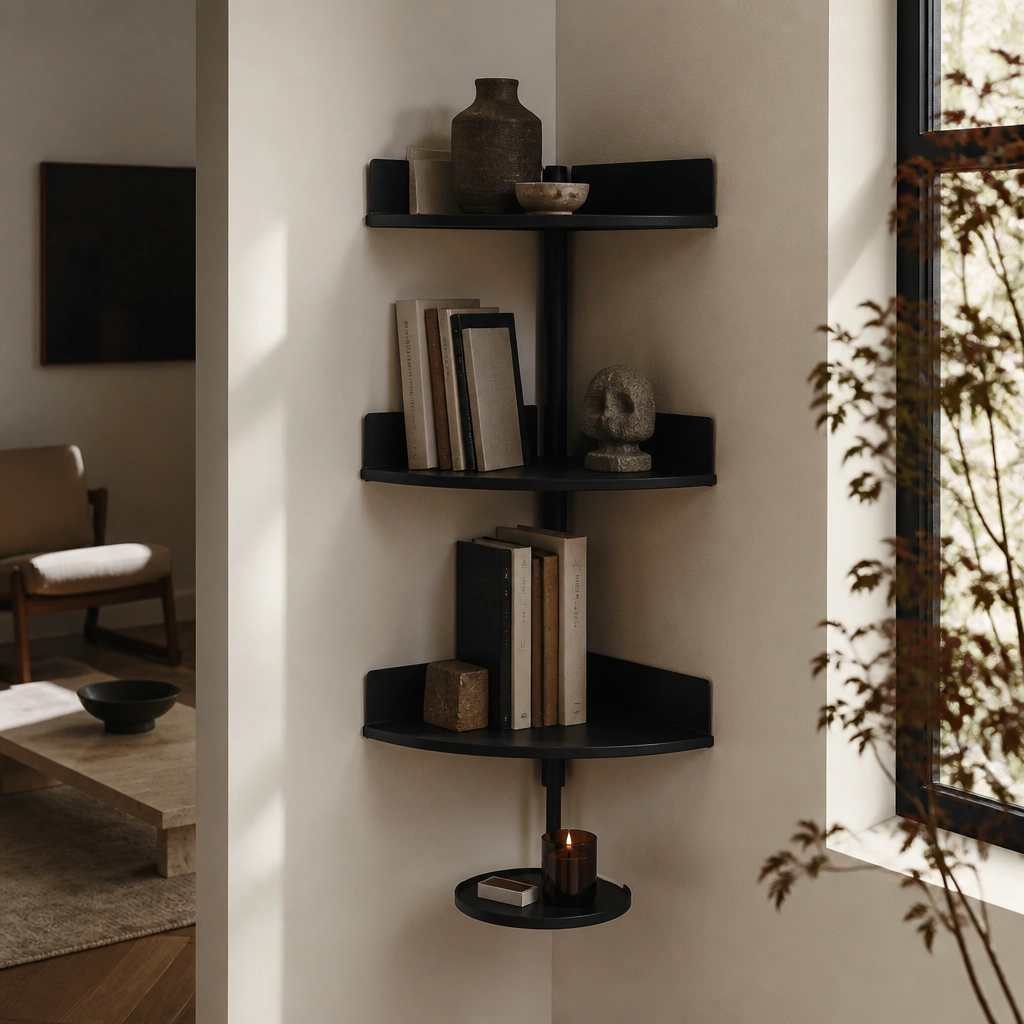 A matte black metal corner shelving unit with three tiers, book stops on each shelf, and a small tray holding a single candle and matchbox.