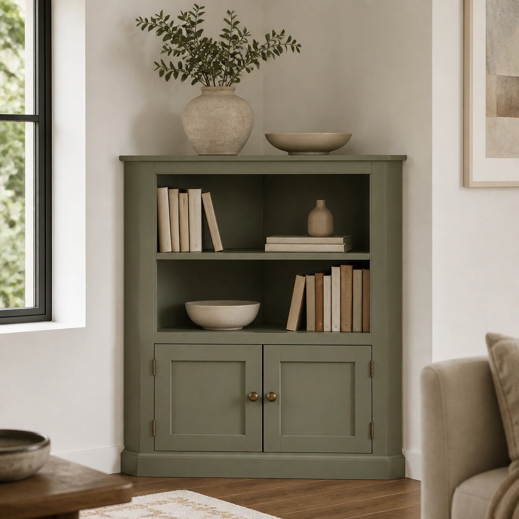 A corner cubby unit with open upper cubbies for books and a pair of cabinet doors on the lower level, painted sage green, with neutral ceramics on top.