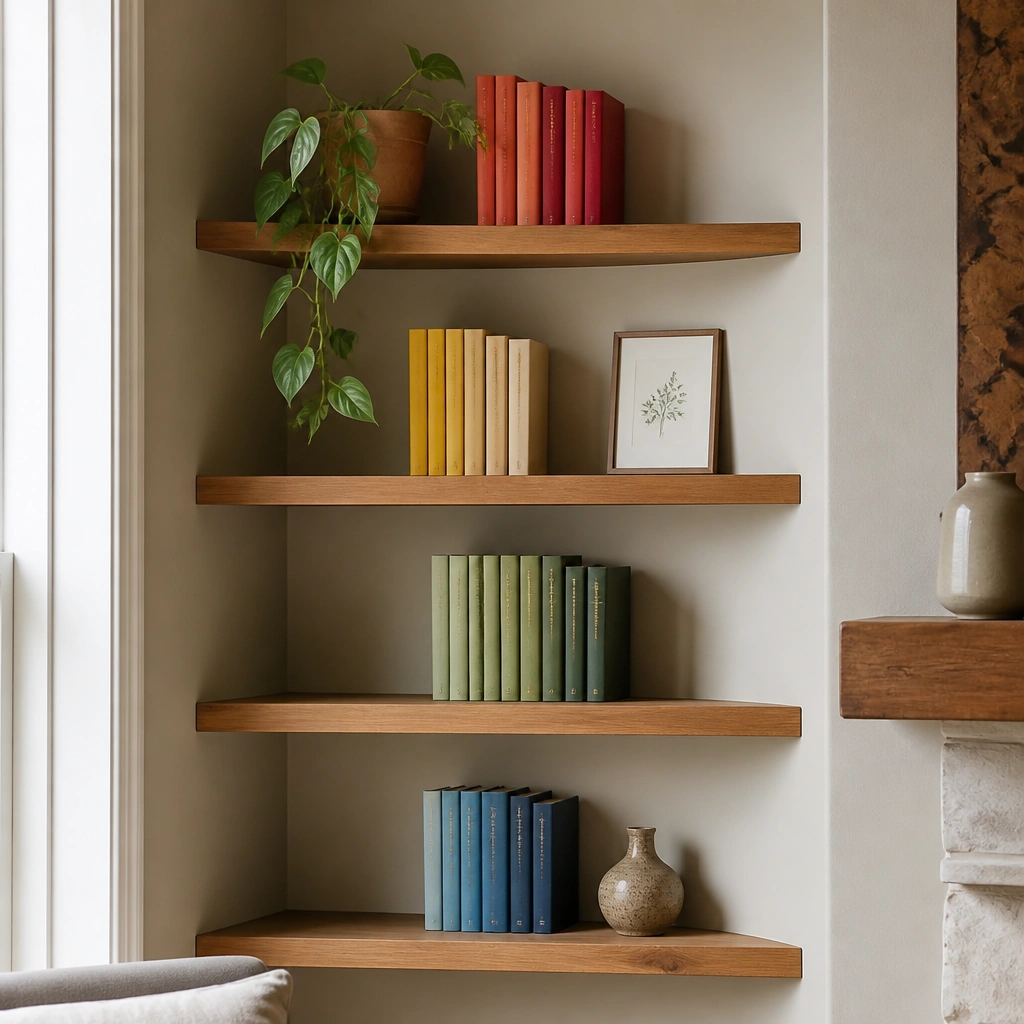 A corner shelf display where only a small set of books is used, spines arranged by color family, with a single plant and a framed menu print.