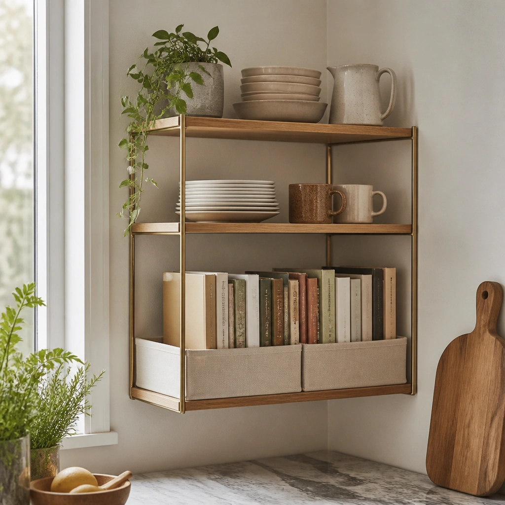 A small floating shelf system in a kitchen corner with two open shelves and fabric-lined bins on the bottom, light cotton texture, and books stacked vertically in front.