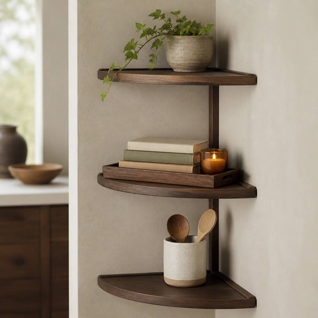 A wall-mounted corner shelf with a flat removable tray on one level, showing a small stack of books, a candle, and a ceramic spoon holder, with a neutral wall background.