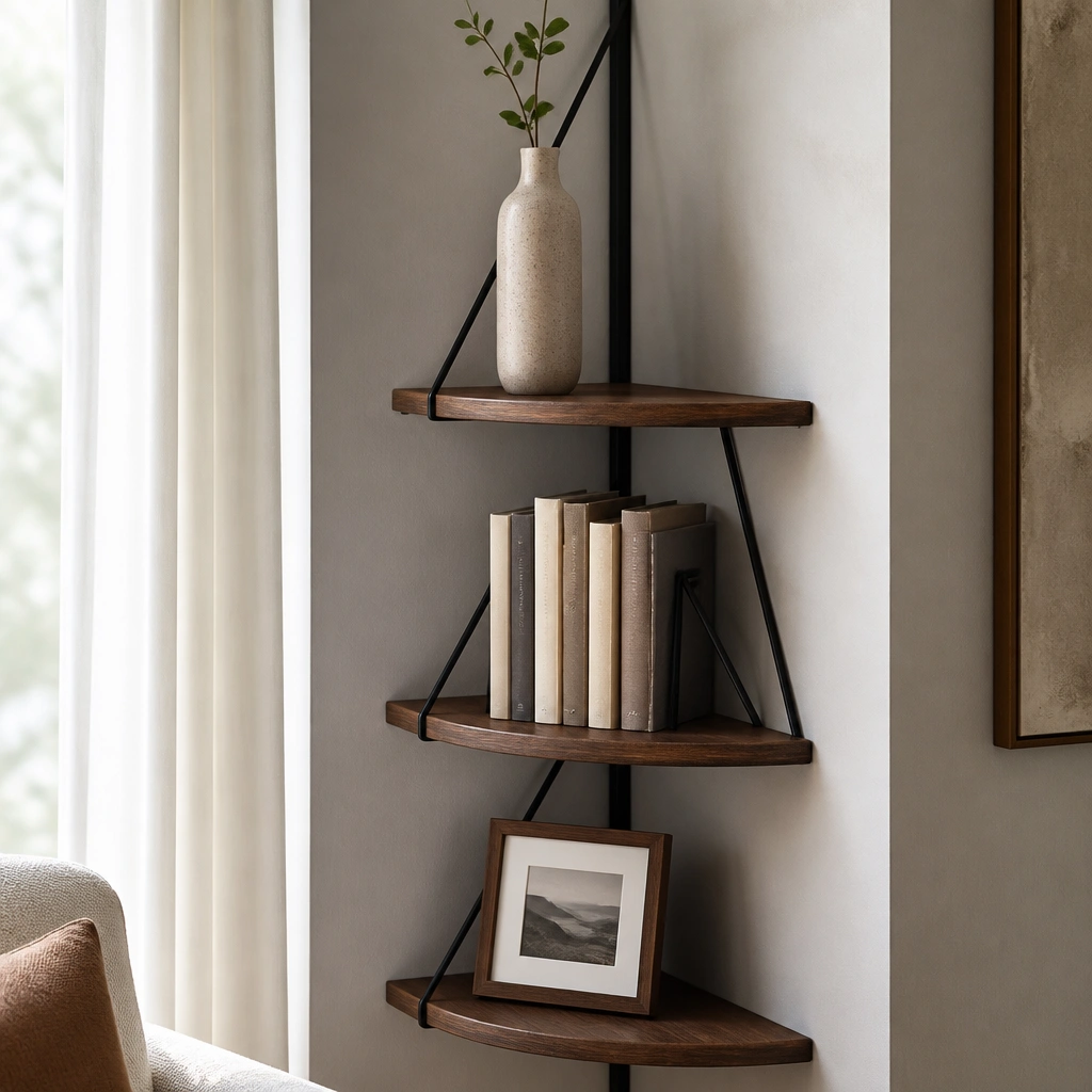 A corner shelf where books are stacked upright with slim angled supports, creating clean vertical lines, plus one tall vase and one small framed photo.
