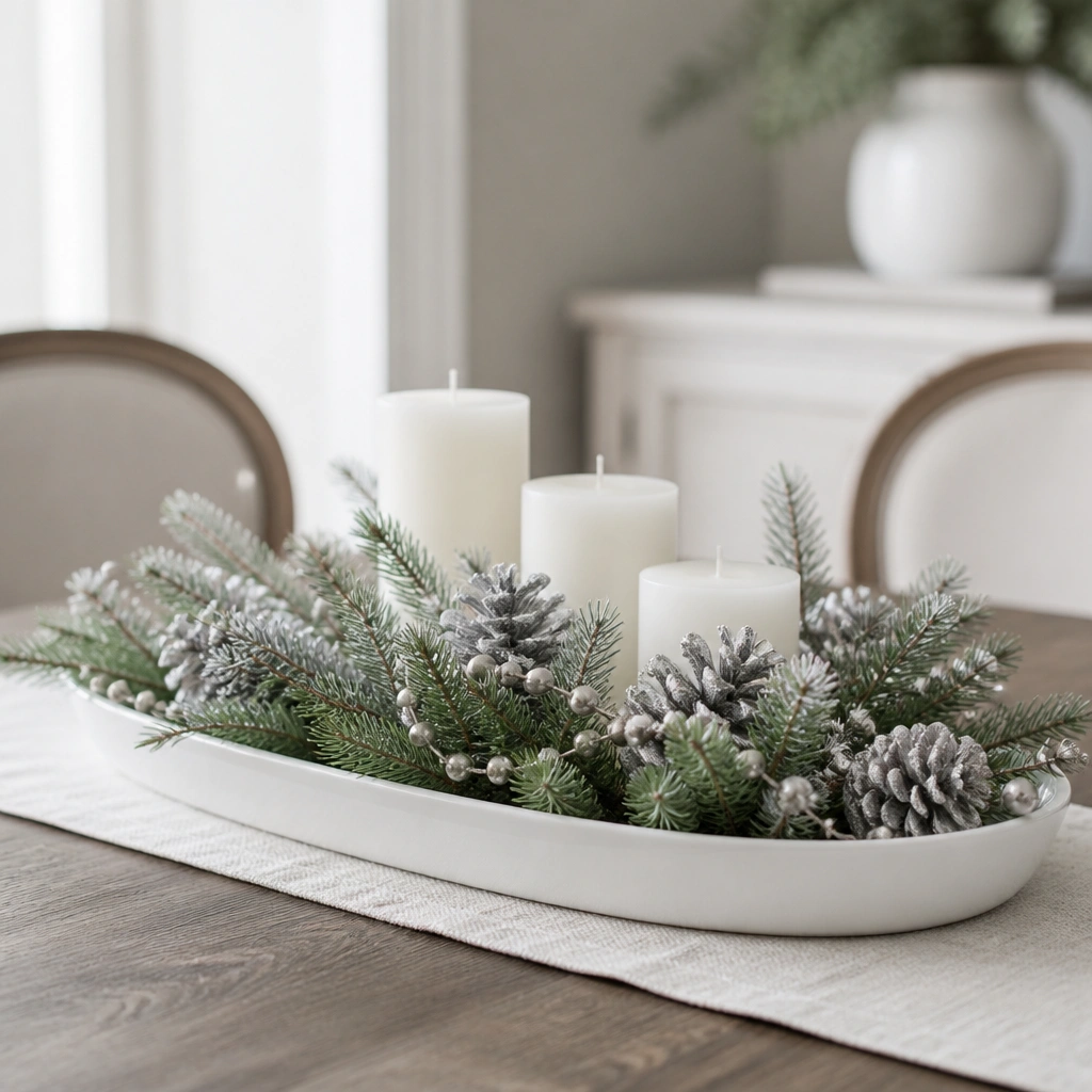 A white ceramic oval tray on a dining table holding a low arrangement of faux pine branches, silver pine cones, and small bead garland, with a few matte white candles in the back.