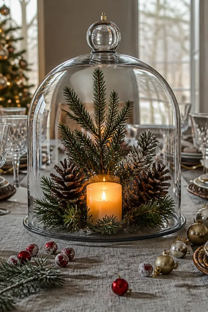 A clear glass cloche dome sitting on a small pedestal base, with faux evergreens, mini white faux berries, and a warm LED candle inside.