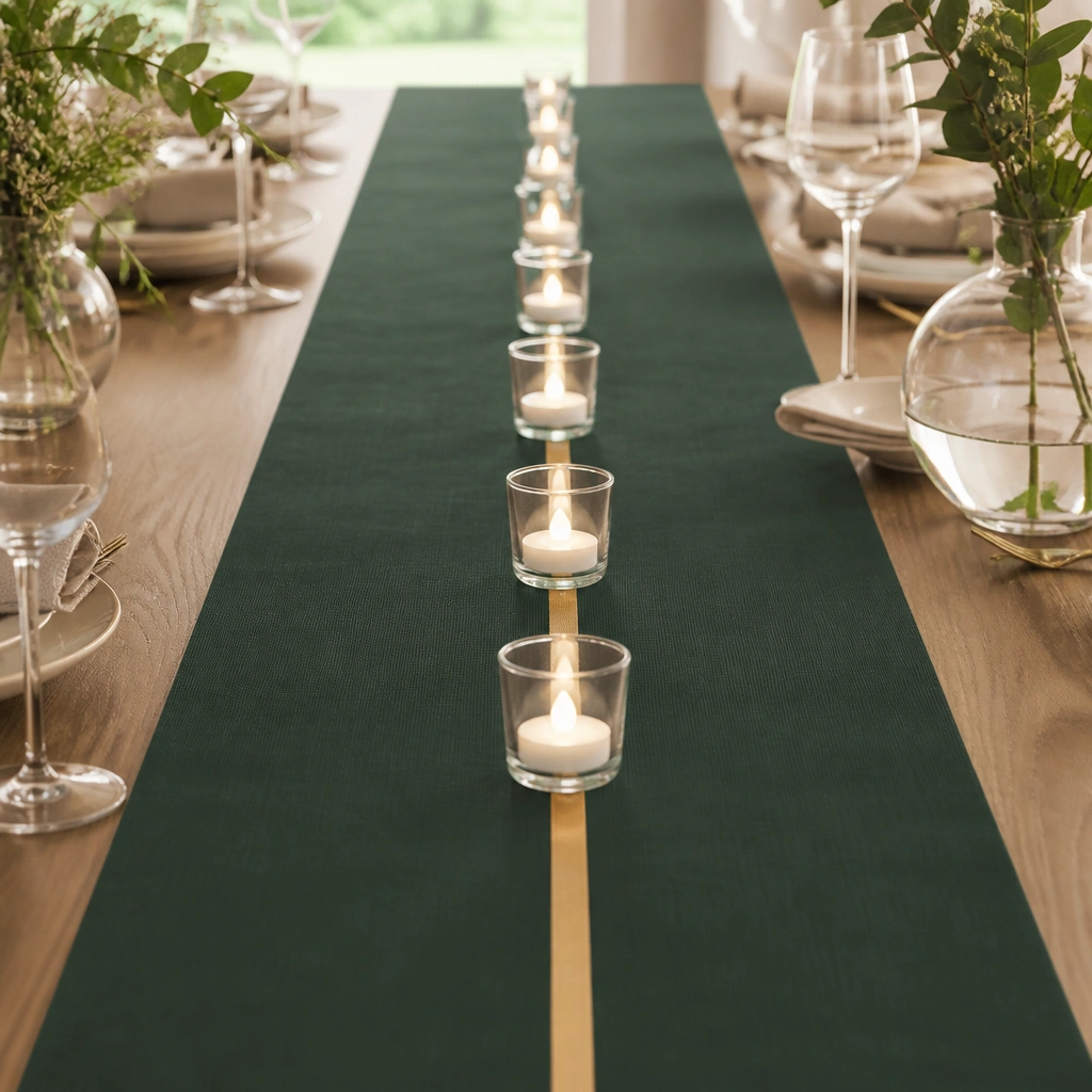 A dark green wipeable table runner with a straight line of clear glass votives, each holding a warm LED tea light, plus a thin strip of gold ribbon at the center.