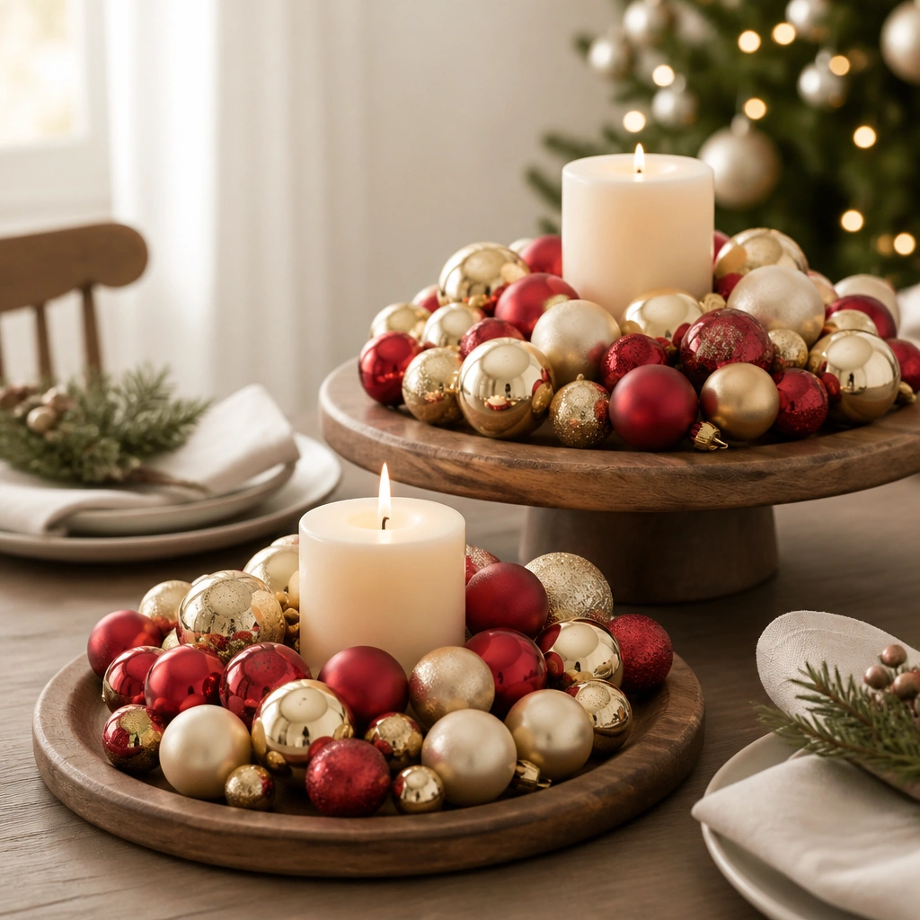 Round wooden chargers with a cluster of mini ornaments (red, cream, and gold) set around a small pillar candle, arranged in two different heights for a layered look.