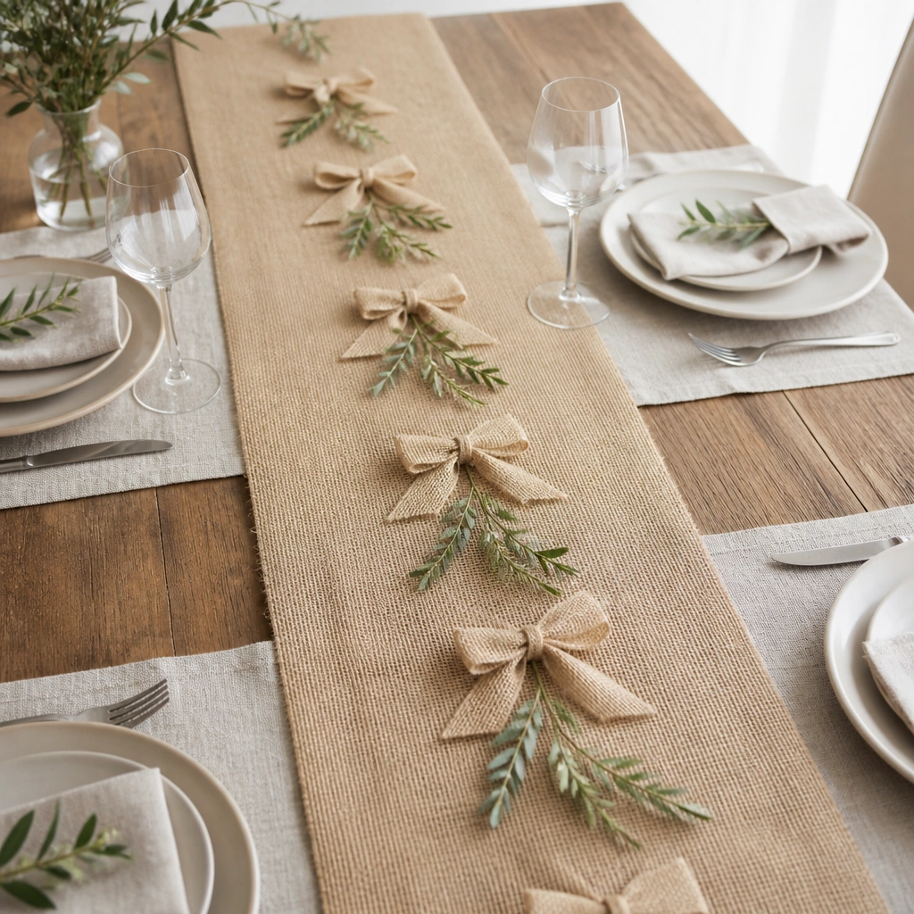 A long burlap runner with a repeating pattern of small burlap bows and a few sprigs of faux greenery tucked between, with the table set on a neutral linen place setting.