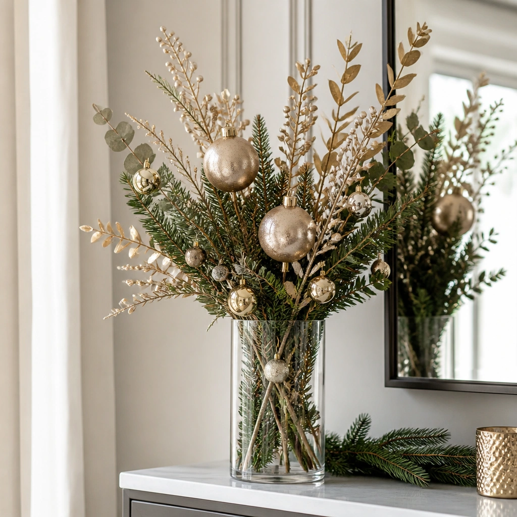A clear cylindrical vase filled with faux greenery and metallic stems (gold and champagne), with small ornaments clipped at intervals and a few oversized baubles near the top.