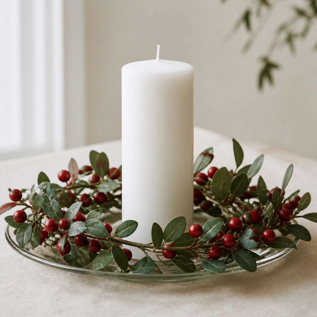 A tall white pillar candle centered on a glass plate, surrounded by low faux berry branches in deep green with matte red berries, arranged in a loose oval ring.