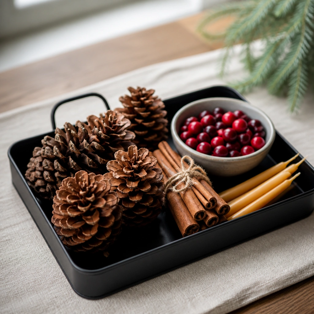A black metal rectangular tray holding pinecones, cinnamon sticks bundled with twine, and a small bowl of faux cranberries, with a couple of thin taper candles along the side.