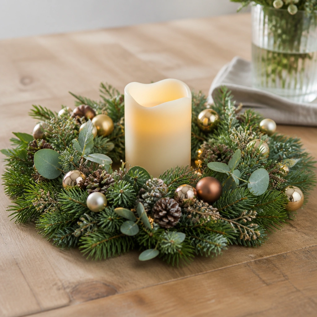 A flat tabletop wreath ring placed horizontally on the table with an LED candle in the center, plus tiny ornaments tucked into the inner ring.