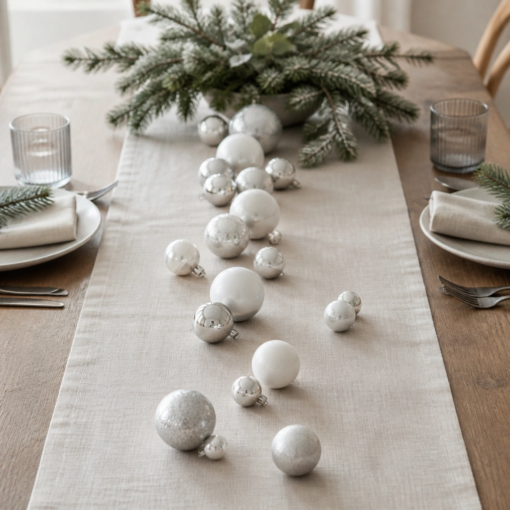A light neutral linen table runner with a scattered path of monochrome baubles (white and silver) leading toward a small cluster of faux greenery at one end.