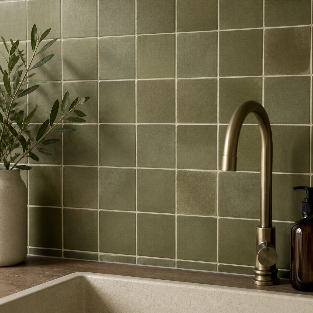 Close-up of an olive green ceramic tile backsplash behind a sink, with subtle variation in the glaze; grout lines are light and the tile surface looks matte.