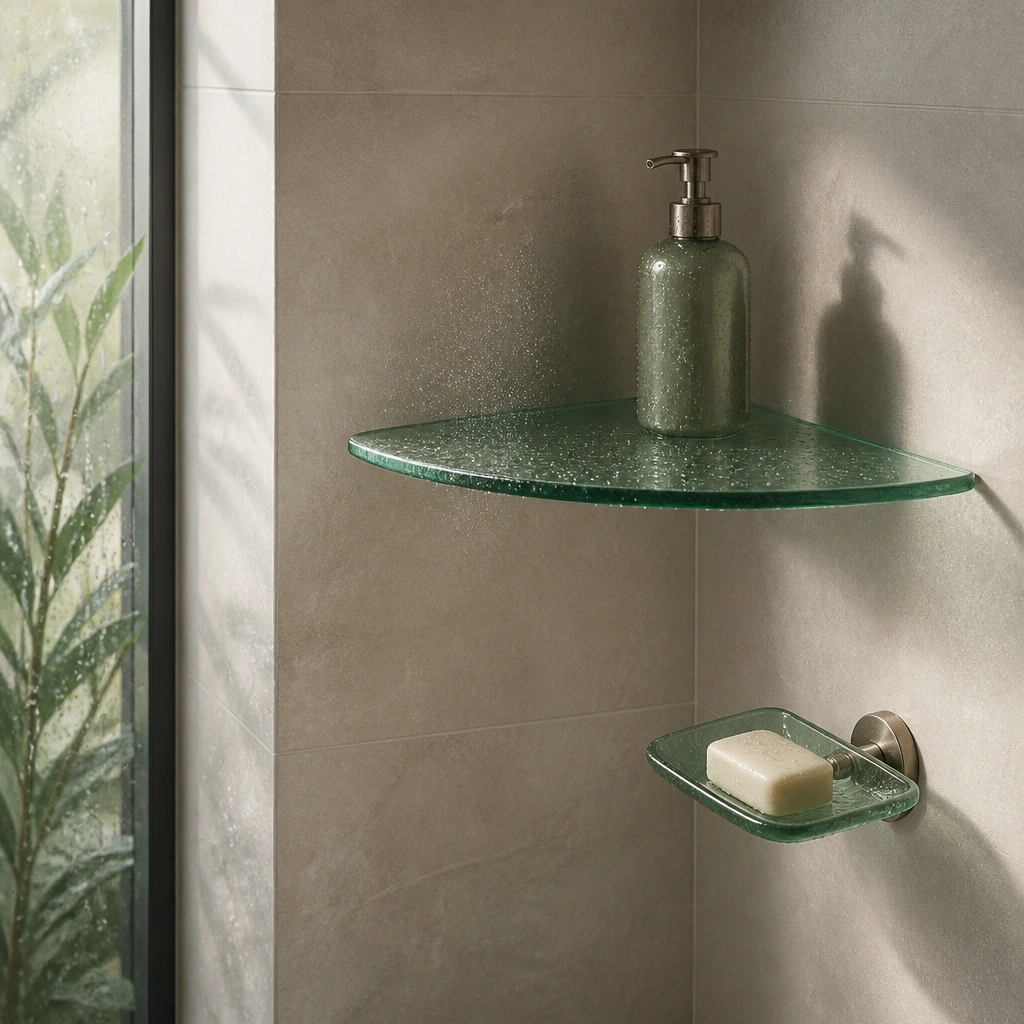 A shower corner with a green-tinted glass shelf and matching soap dish; water beads on the glass and the area looks uncluttered.