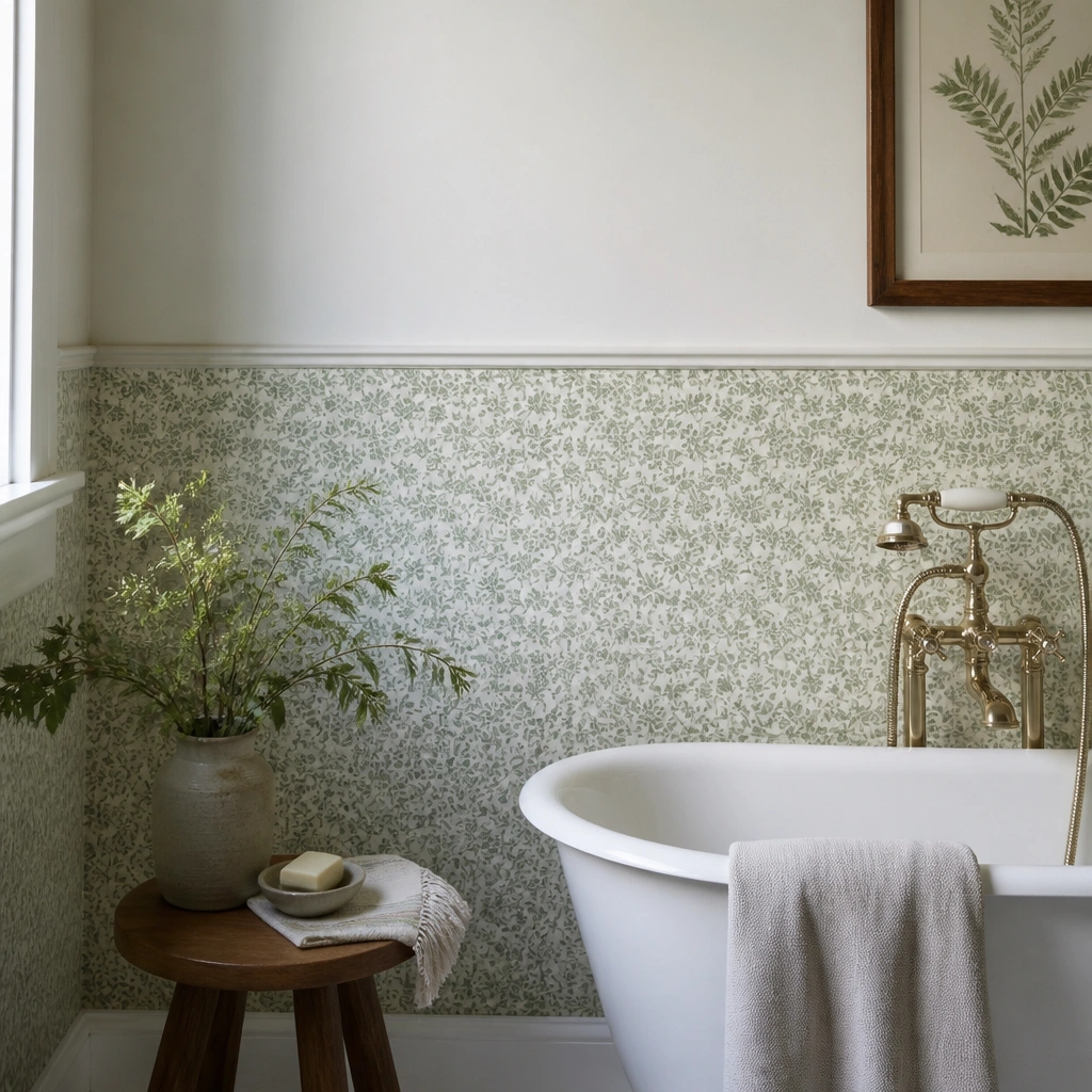A half-wall in a bathroom covered with washable green botanical wallpaper, with the top half painted white; the pattern is small-scale and crisp.