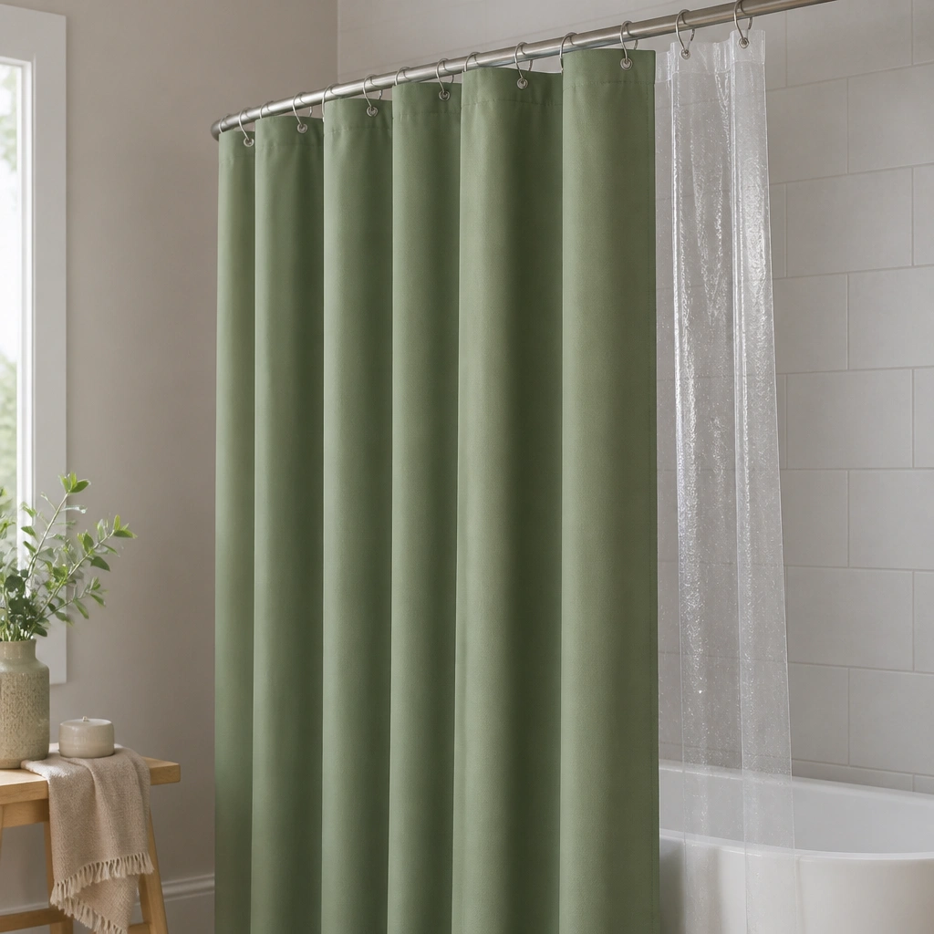A green shower curtain with a solid color front and a separate clear/white liner behind; water beads on the liner and the curtain looks neatly hung.