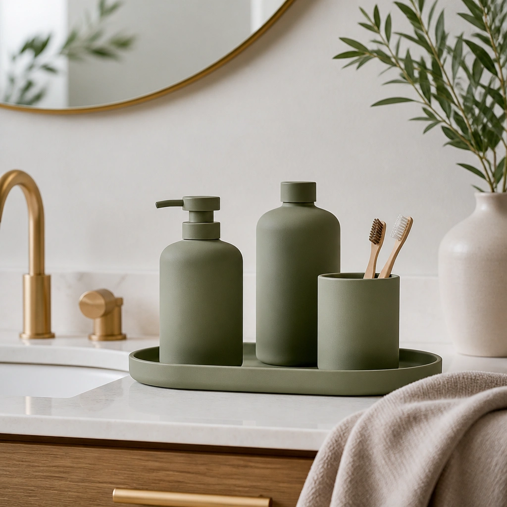A bathroom vanity with a matte green tray holding a soap dispenser, lotion bottle, and a small toothbrush cup; countertop looks tidy and minimal.