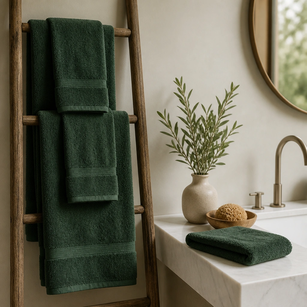 A neatly arranged set of deep green towels on a ladder rack, with a matching hand towel folded by the sink; the fabric looks plush and clean.