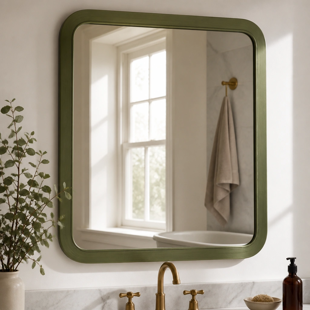 A bathroom mirror with a green frame in a brushed finish; the reflection shows soft lighting and no smudges on the frame surface.