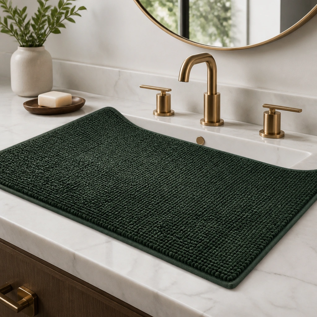 A dark green bath mat with visible texture and a rubber backing, placed in front of the sink and partially under the faucet; it looks clean and non-slip.