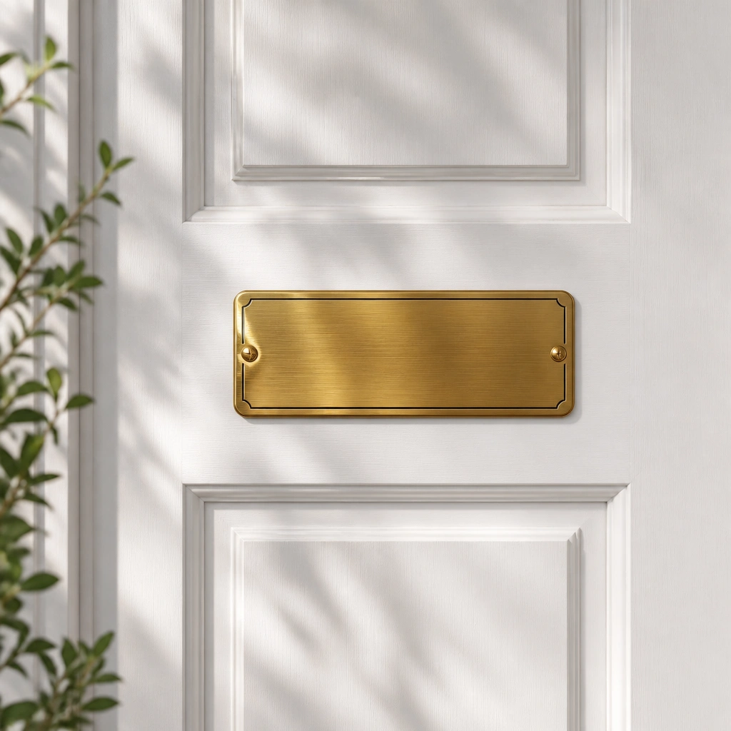 A rectangular brushed brass name plate mounted on a white front door, with black engraved letters and a glossy clear protective finish. The plate has rounded corners and sits centered at eye level.