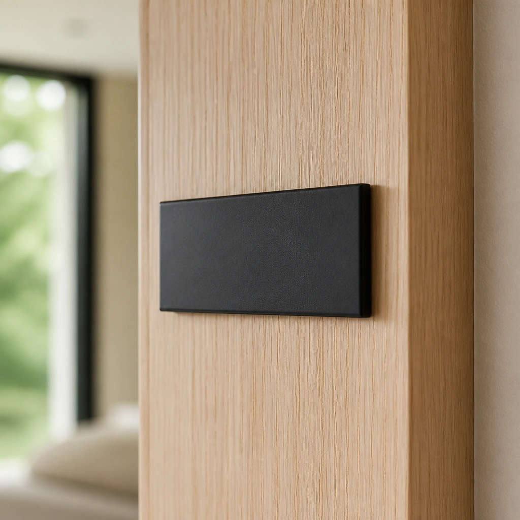 A matte black metal name plate with a simple single-line layout of letters, where the lettering looks like crisp vinyl in a slightly raised surface. It’s mounted on a light wood door frame.