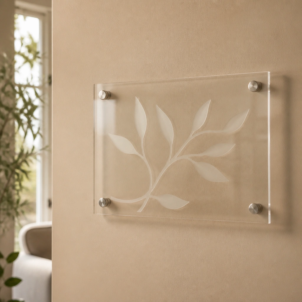 A clear acrylic rectangle mounted on a wall with frosted, semi-translucent lettering. The background behind it is a warm beige wall, making the text stand out without looking heavy.