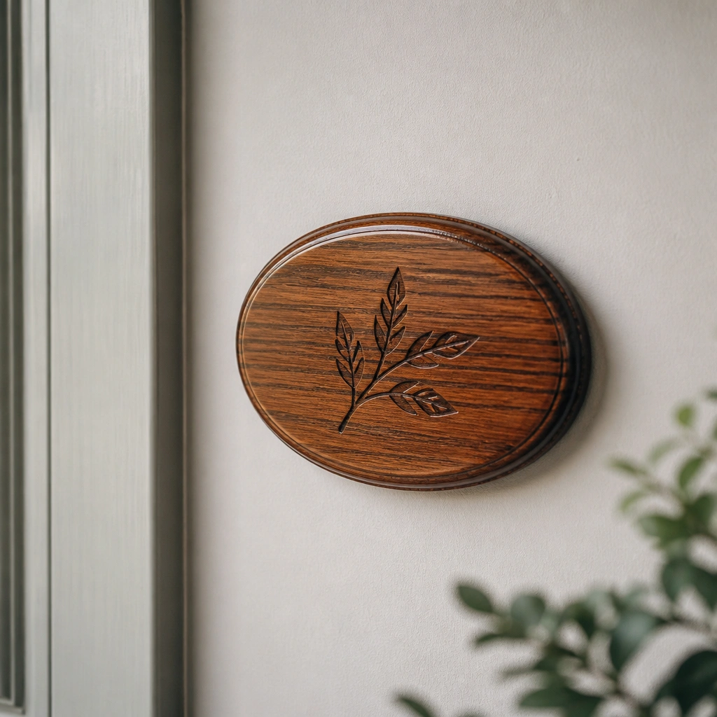 A small oval wooden plaque with dark stained grain visible through a clear glossy top coat. The name is burned or engraved and then sealed, mounted on a neutral wall beside a door.