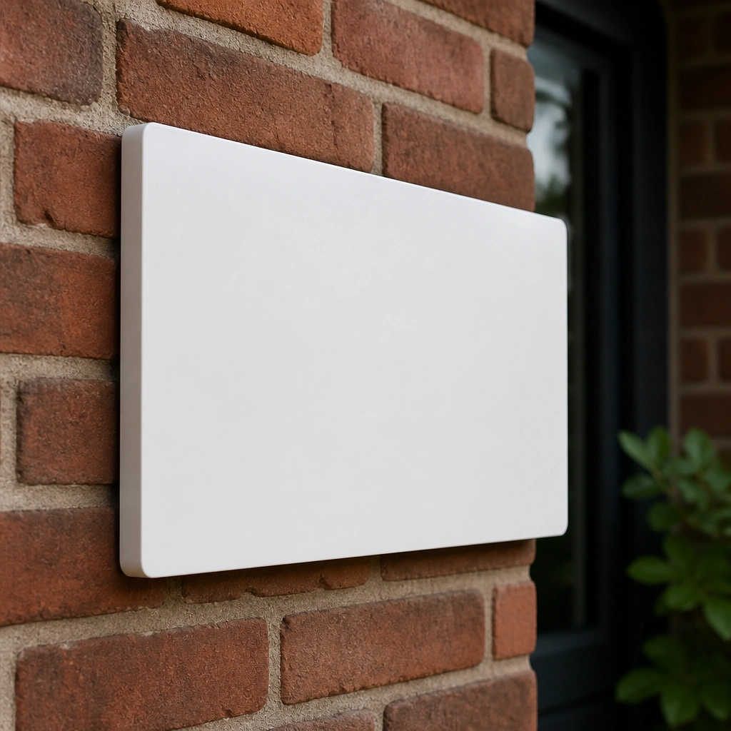 A thick white PVC name plate mounted on a brick wall with dark vinyl letters. The edges look smooth and slightly rounded, with a clean, modern layout.