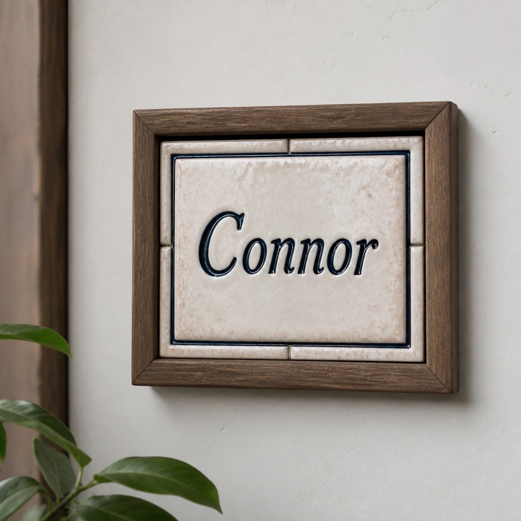 A small ceramic tile mounted in a simple frame, with a name written in dark glaze. The tile has subtle texture, and the grout lines look sealed and even.