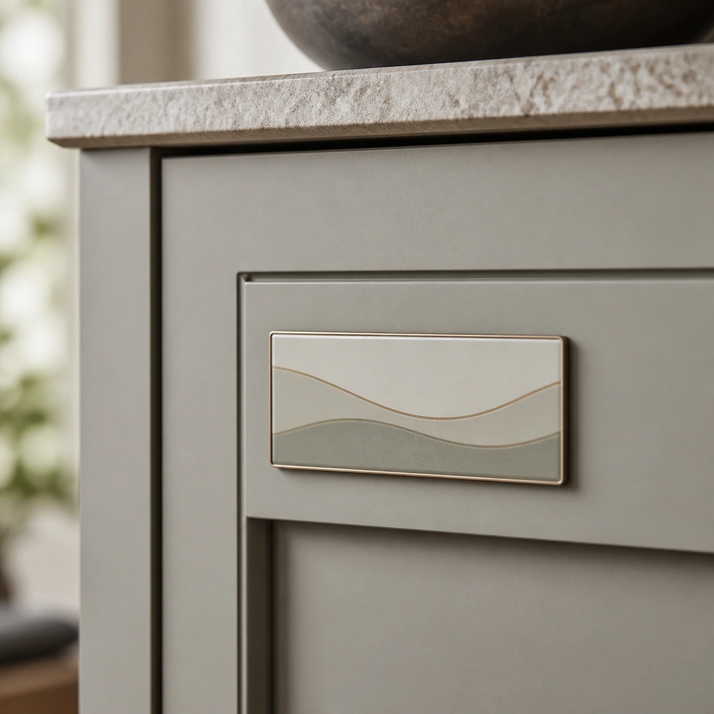 A rectangular laminate name plate mounted on a cabinet door, with printed letters protected under a clear top layer. The plate matches a modern kitchen cabinet color palette.
