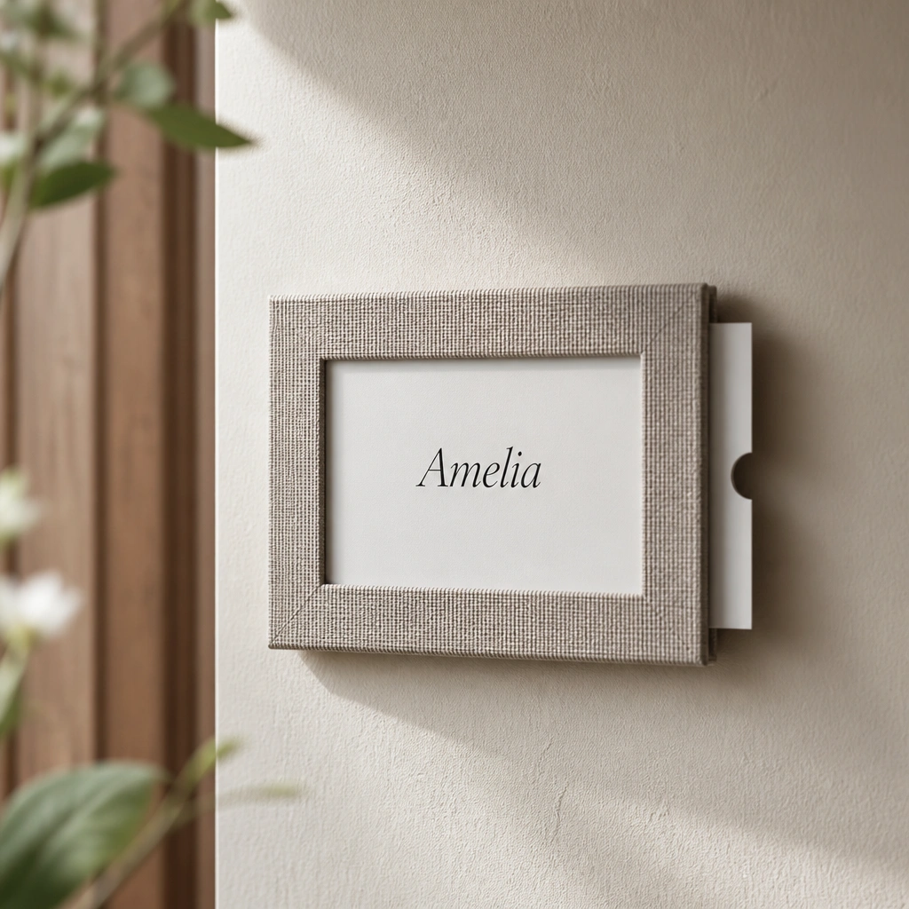 A slim frame with a fabric border around it, showing a name printed on a card inside. The card looks like it can slide out from the back, and the frame is mounted on a wall.