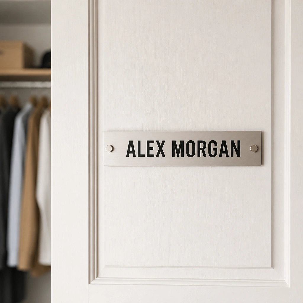 A thin metal name plate with bold letters attached to a magnetic strip on a closet door. The letters look like strong, high-contrast vinyl or enamel, and the setup is neat and centered.
