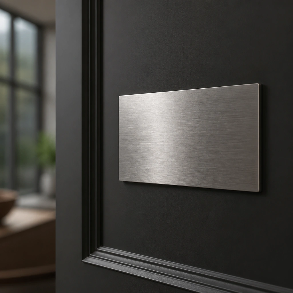 A stainless steel rectangle with laser-etched lettering that looks slightly matte against the shiny metal. It’s mounted on a dark door panel for contrast.