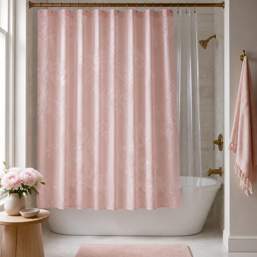 A peony-pink shower curtain with a subtle floral pattern, paired with a clear vinyl liner; the curtain hangs evenly to just above the tub rim.