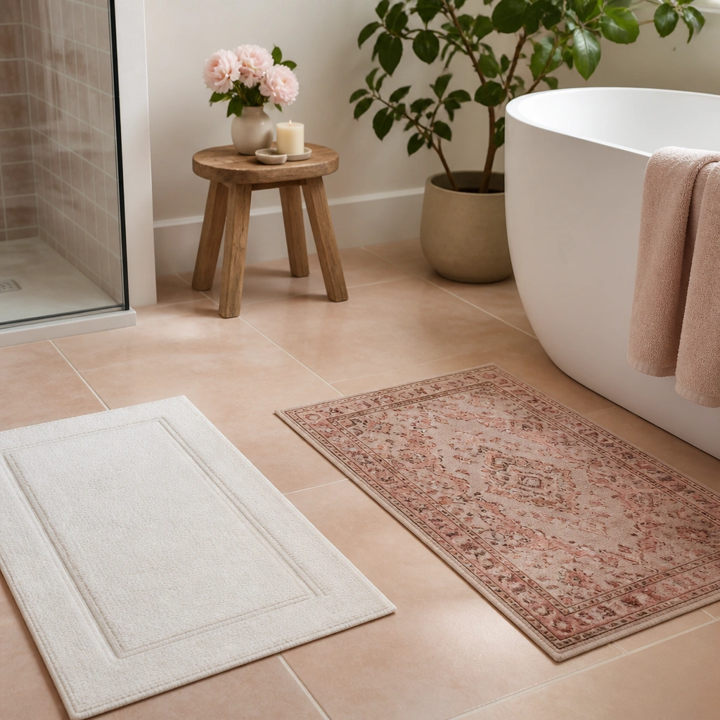 A bathroom floor in warm pink-beige tiles with light grout lines, paired with a white bath mat and a pink accent rug.