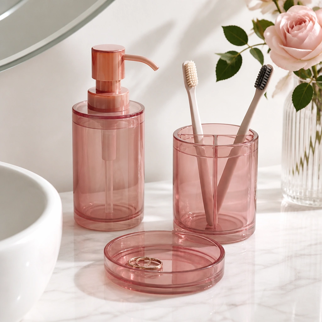 A countertop styled with a rose-pink soap dispenser, a matching toothbrush holder, and a small tray; everything is glossy plastic or acrylic and looks uniform.